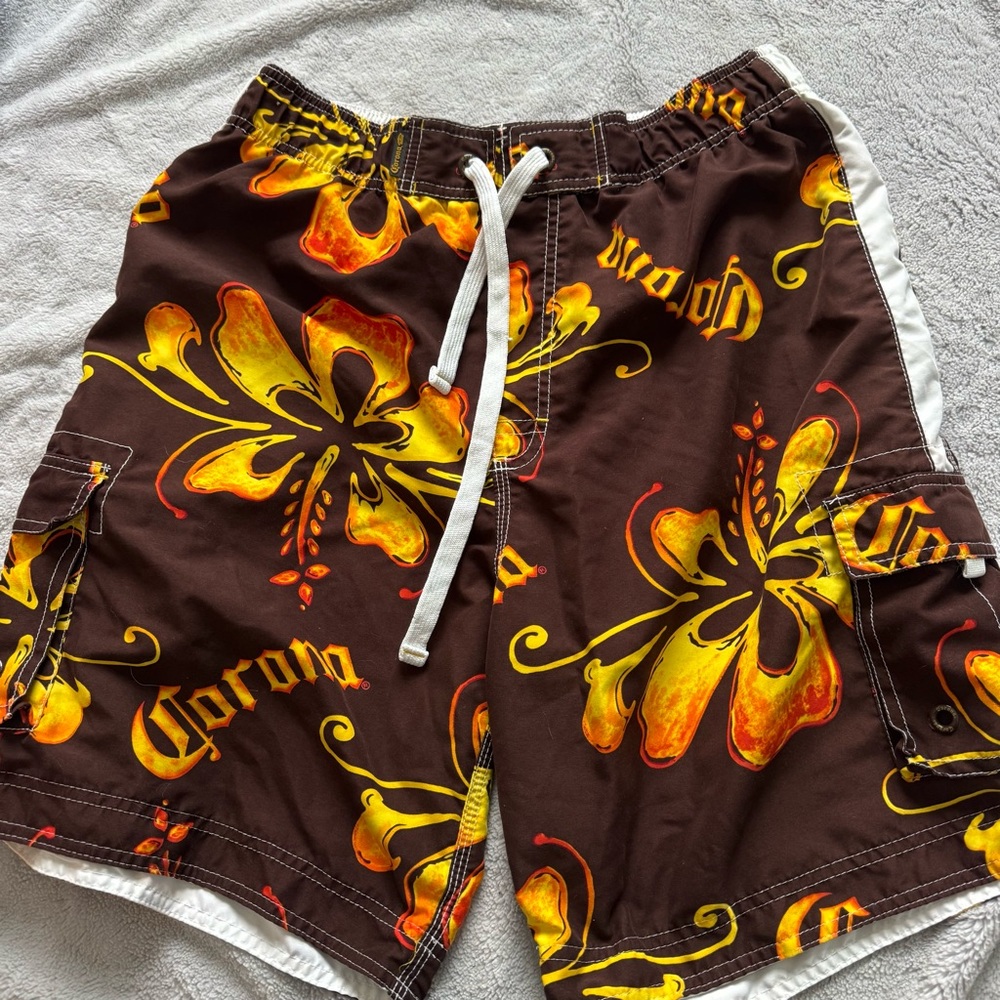 Corona‎ Extra Hibiscus Floral Beer Board Shorts Swim Trunks Brown Mens L